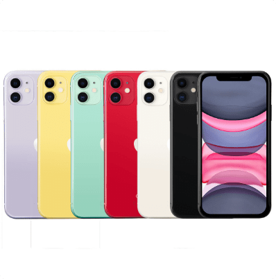 Six iPhone 11 models showcasing the different colours